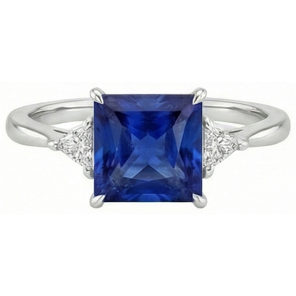 3 Stone Ring Princess Blue Sapphire & Trillion Cut Natural Earth Mined Diamonds 5.50 Carat