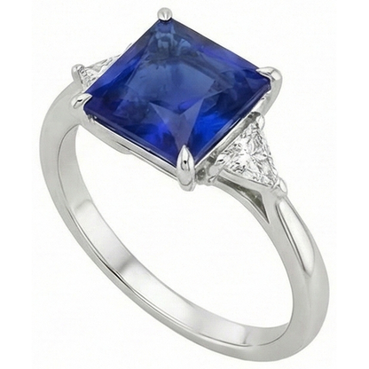 3 Stone Ring Princess Blue Sapphire & Trillion Cut Natural Earth Mined Diamonds 5.50 Carat