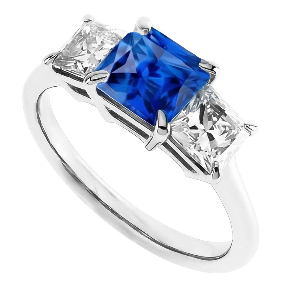 3 Stone Ring Princess Prong Set Ceylon Sapphire & Natural Earth Mined Diamonds 2 Carats