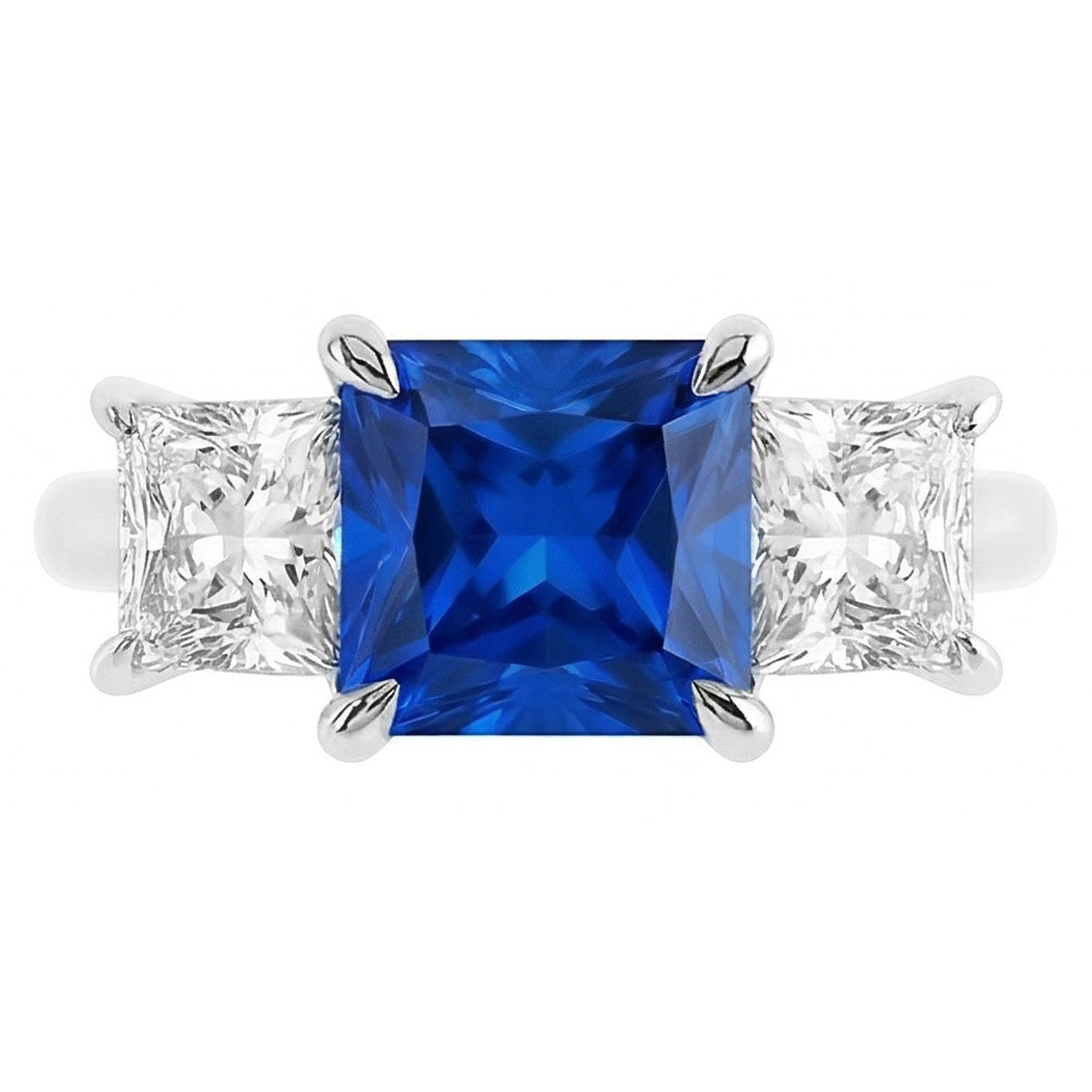 3 Stone Ring Princess Prong Set Ceylon Sapphire & Natural Earth Mined Diamonds 2 Carats