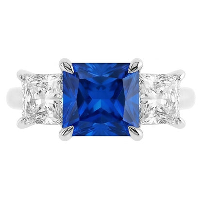 3 Stone Ring Princess Prong Set Ceylon Sapphire & Natural Earth Mined Diamonds 2 Carats