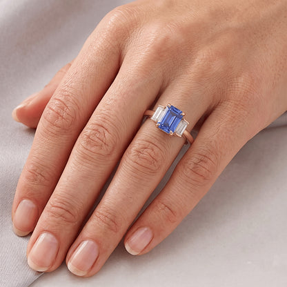 3 Stone Ring Radiant Blue Sapphire 2.50 Carats Baguette Natural Earth Mined Diamonds