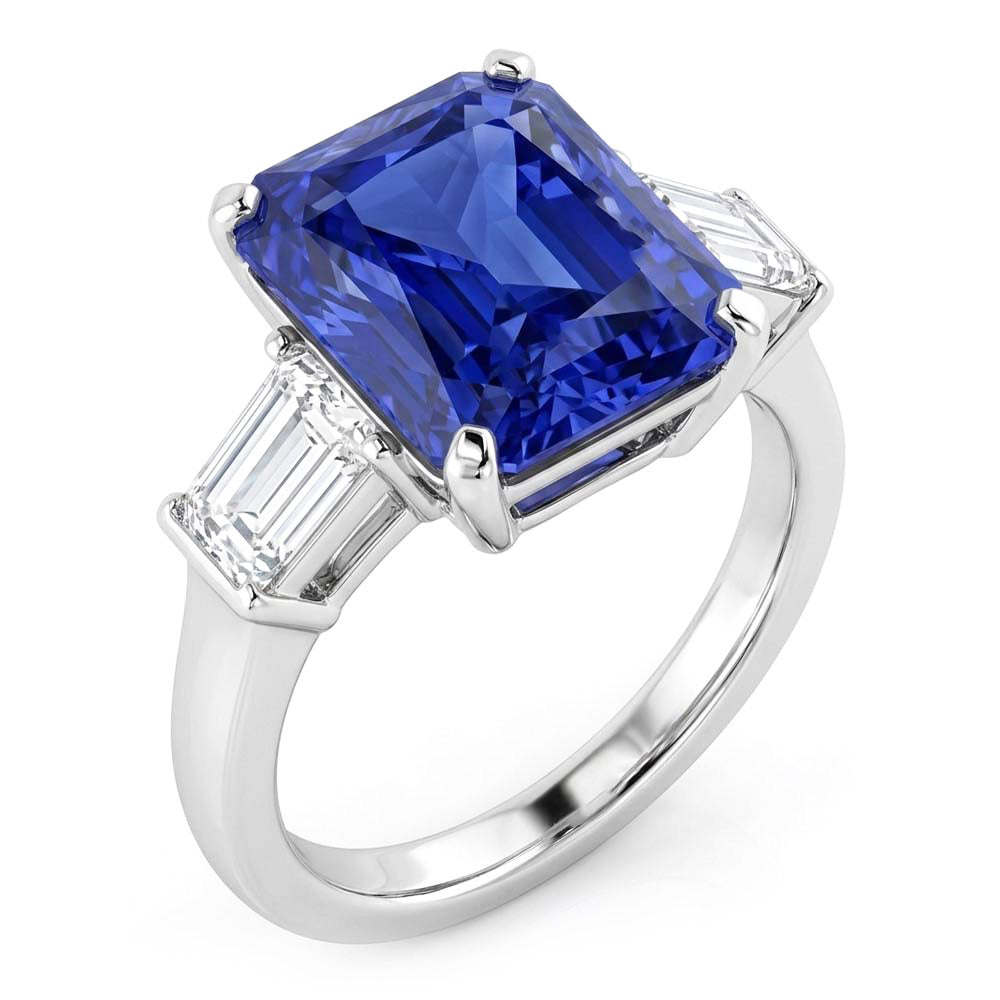 3 Stone Ring Radiant Sapphire & Baguette Natural Earth Mined Diamonds 4 Carats White Gold