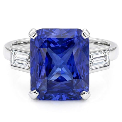 3 Stone Ring Radiant Sapphire & Baguette Natural Earth Mined Diamonds 4 Carats White Gold