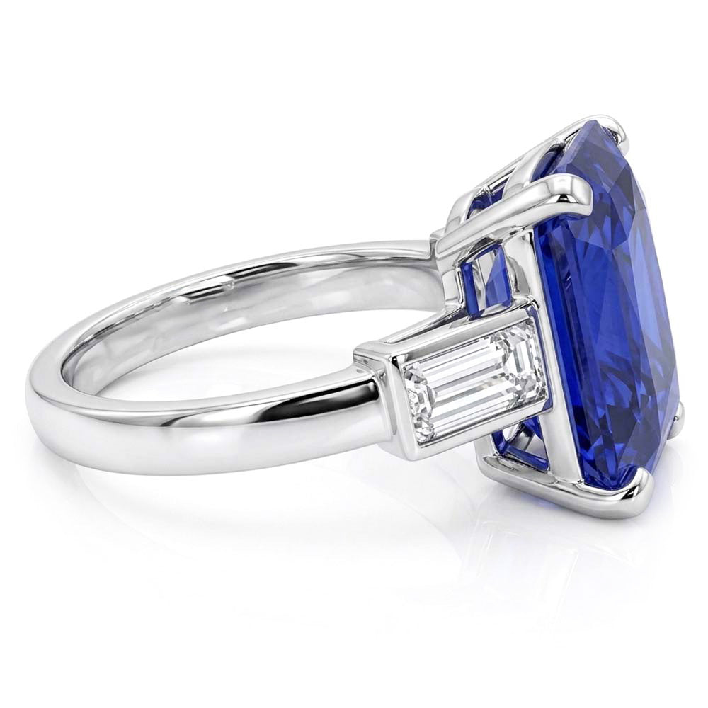 3 Stone Ring Radiant Sapphire & Baguette Natural Earth Mined Diamonds 4 Carats White Gold