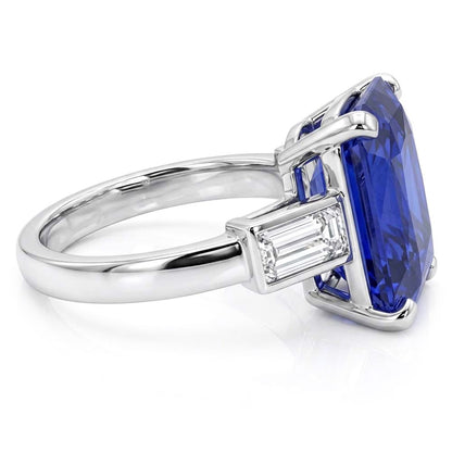 3 Stone Ring Radiant Sapphire & Baguette Natural Earth Mined Diamonds 4 Carats White Gold