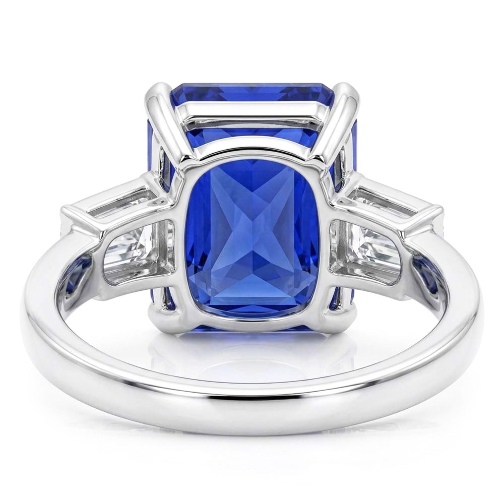 3 Stone Ring Radiant Sapphire & Baguette Natural Earth Mined Diamonds 4 Carats White Gold