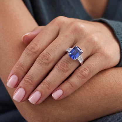 3 Stone Ring Radiant Sapphire & Baguette Natural Earth Mined Diamonds 4 Carats White Gold