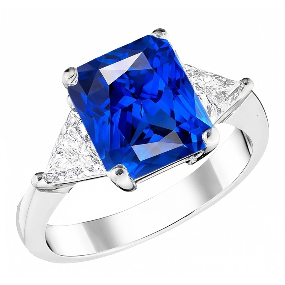 3 Stone Ring Radiant Sapphire & Trillion Natural Earth Mined Diamonds Jewelry 2.50 Carats