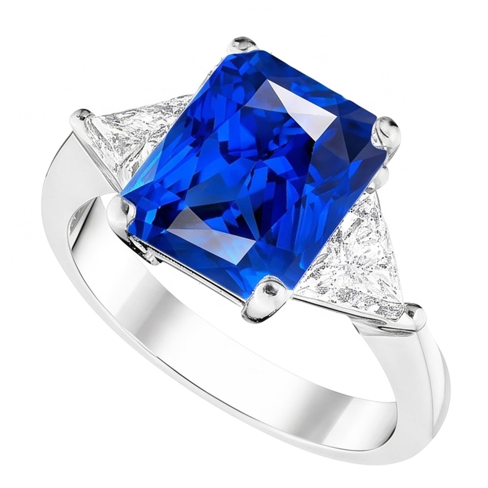 3 Stone Ring Radiant Sapphire & Trillion Natural Earth Mined Diamonds Jewelry 2.50 Carats