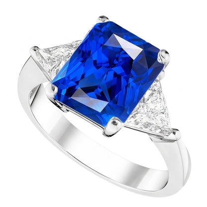 3 Stone Ring Radiant Sapphire & Trillion Natural Earth Mined Diamonds Jewelry 2.50 Carats