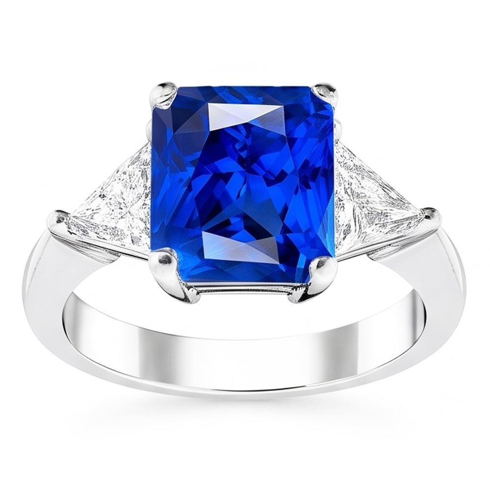 3 Stone Ring Radiant Sapphire & Trillion Natural Earth Mined Diamonds Jewelry 2.50 Carats