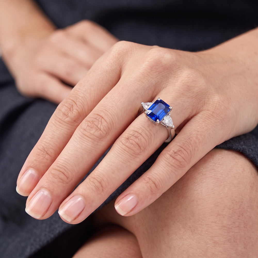 3 Stone Ring Radiant Sapphire & Trillion Natural Earth Mined Diamonds Jewelry 2.50 Carats