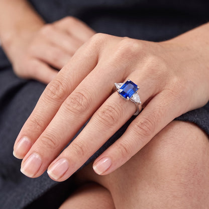 3 Stone Ring Radiant Sapphire & Trillion Natural Earth Mined Diamonds Jewelry 2.50 Carats
