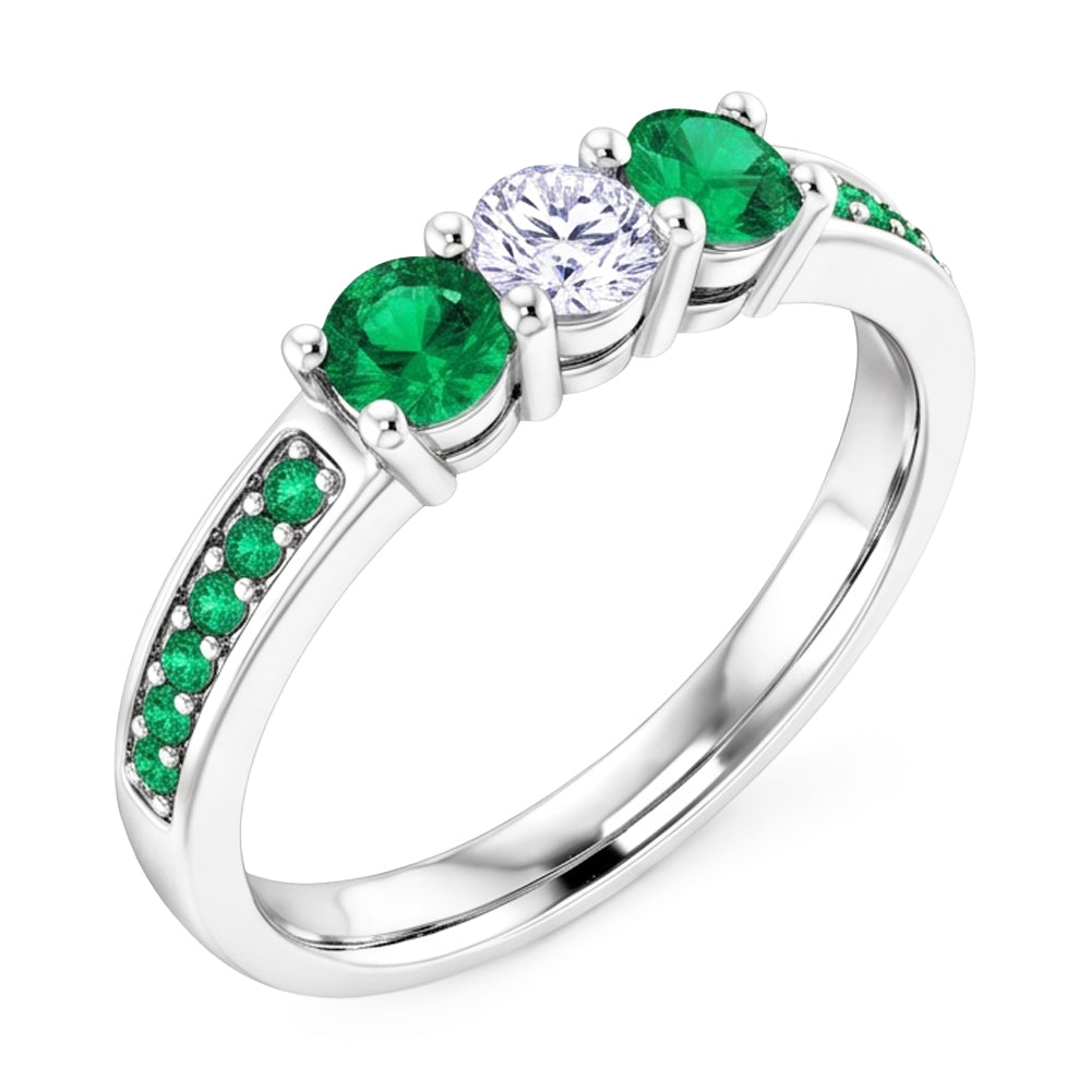 3 Stone Ring Round Natural Earth Mined Diamond 1.07 Carats Columbian Emerald