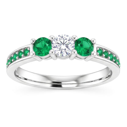 3 Stone Ring Round Natural Earth Mined Diamond 1.07 Carats Columbian Emerald