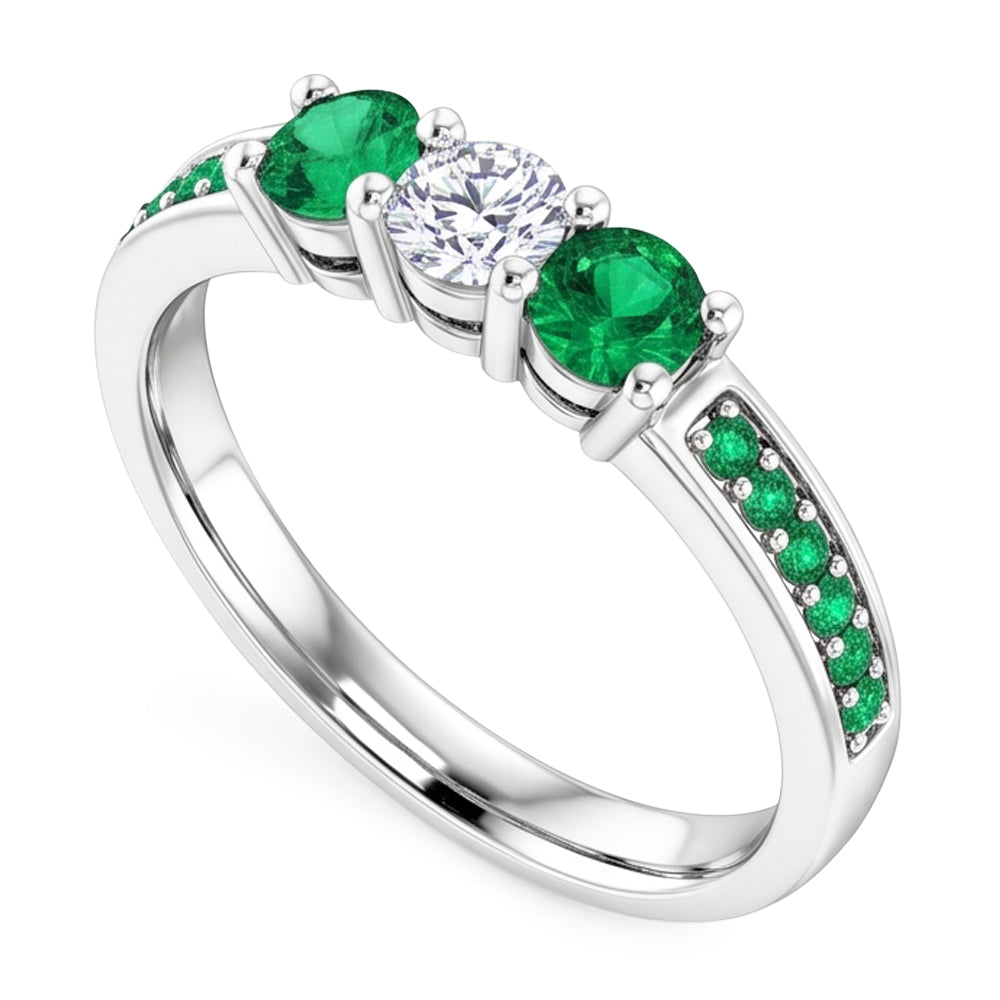 3 Stone Ring Round Natural Earth Mined Diamond 1.07 Carats Columbian Emerald