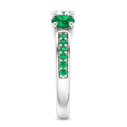 3 Stone Ring Round Natural Earth Mined Diamond 1.07 Carats Columbian Emerald