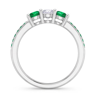 3 Stone Ring Round Natural Earth Mined Diamond 1.07 Carats Columbian Emerald