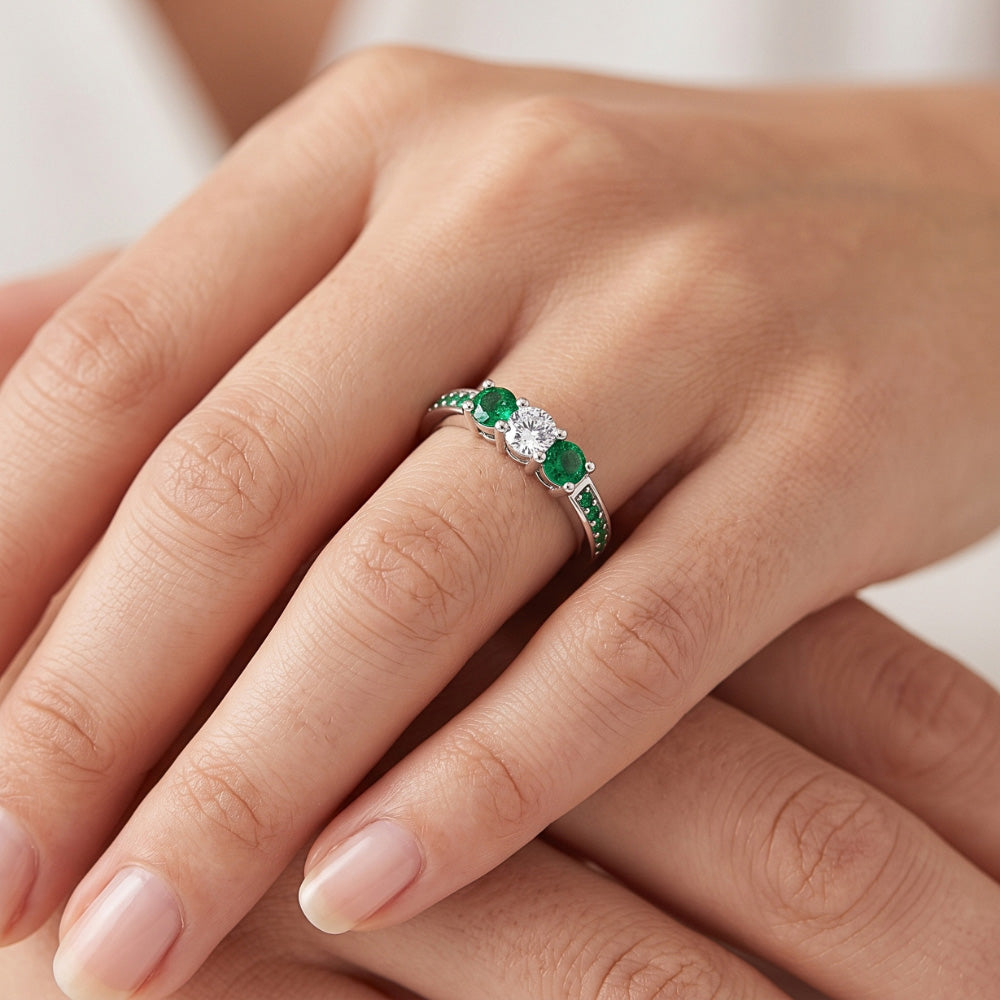 3 Stone Ring Round Natural Earth Mined Diamond 1.07 Carats Columbian Emerald