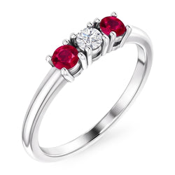 3 Stone Ring Round Natural Earth Mined Diamond Ruby 0.60 Carats White Gold 14K