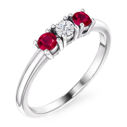 3 Stone Ring Round Natural Earth Mined Diamond Ruby 0.60 Carats White Gold 14K