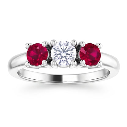 3 Stone Ring Round Natural Earth Mined Diamond Ruby 0.60 Carats White Gold 14K