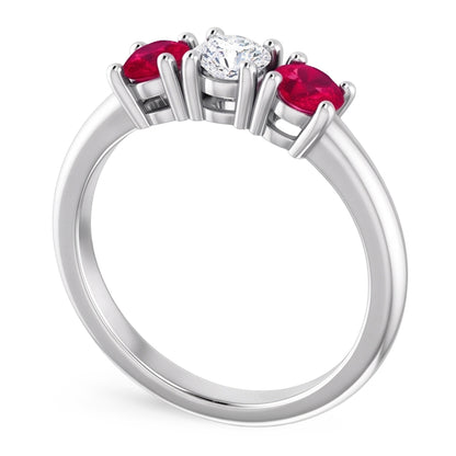 3 Stone Ring Round Natural Earth Mined Diamond Ruby 0.60 Carats White Gold 14K