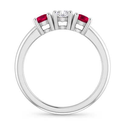 3 Stone Ring Round Natural Earth Mined Diamond Ruby 0.60 Carats White Gold 14K