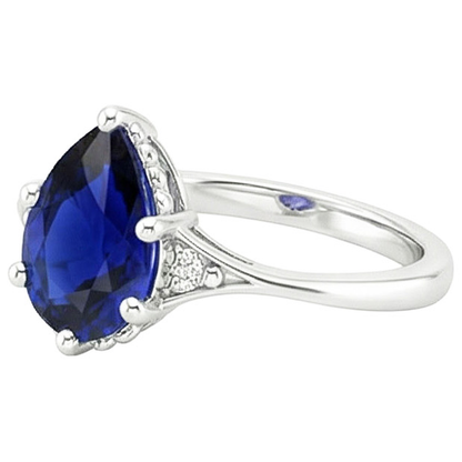 3 Stone Ring Split Shank Pear Blue Sapphire & Natural Earth Mined Diamonds 3.25 Carats
