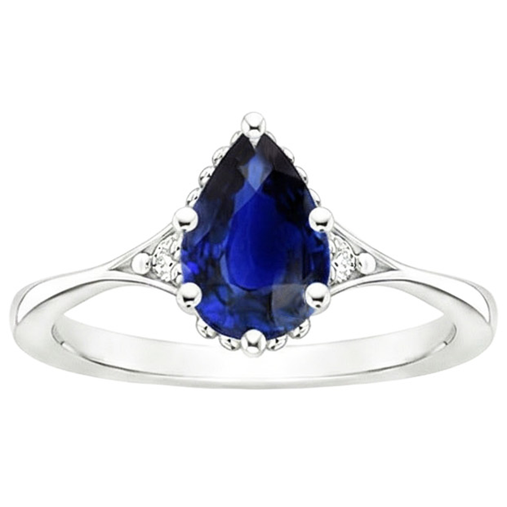 3 Stone Ring Split Shank Pear Blue Sapphire & Natural Earth Mined Diamonds 3.25 Carats