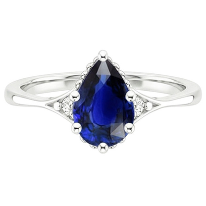 3 Stone Ring Split Shank Pear Blue Sapphire & Natural Earth Mined Diamonds 3.25 Carats