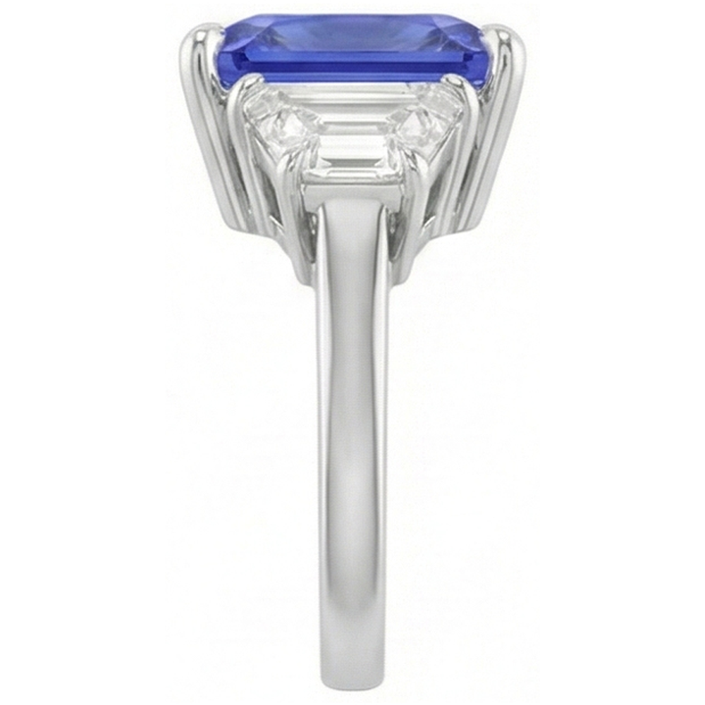 3 Stone Ring Trapezoid Natural Earth Mined Diamond & Ceylon Sapphire 3.50 Carats Prong Set