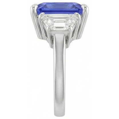 3 Stone Ring Trapezoid Natural Earth Mined Diamond & Ceylon Sapphire 3.50 Carats Prong Set