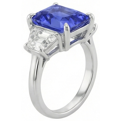 3 Stone Ring Trapezoid Natural Earth Mined Diamond & Ceylon Sapphire 3.50 Carats Prong Set