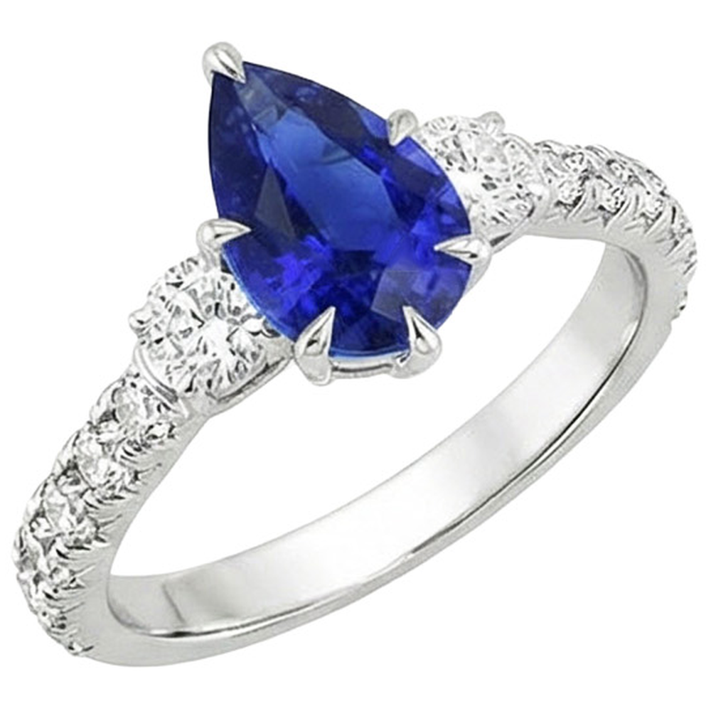 3 Stone Ring With Accents Pear Blue Sapphire & Natural Earth Mined Diamonds 3.50 Carats