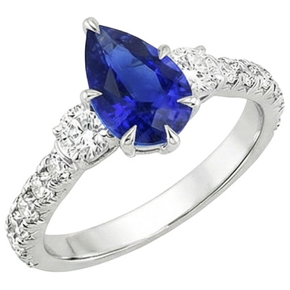 3 Stone Ring With Accents Pear Blue Sapphire & Natural Earth Mined Diamonds 3.50 Carats
