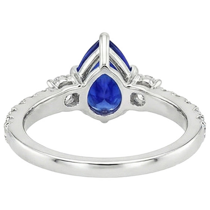 3 Stone Ring With Accents Pear Blue Sapphire & Natural Earth Mined Diamonds 3.50 Carats
