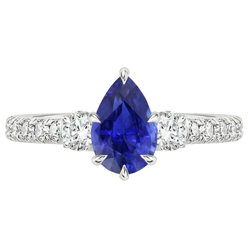 3 Stone Ring With Accents Pear Blue Sapphire & Natural Earth Mined Diamonds 3.50 Carats