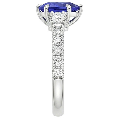 3 Stone Ring With Accents Pear Blue Sapphire & Natural Earth Mined Diamonds 3.50 Carats