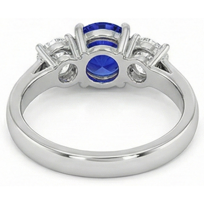 3 Stone Round Blue Sapphire Natural Earth Mined Diamond Ring 4 Carats Prong Set Gold 14K