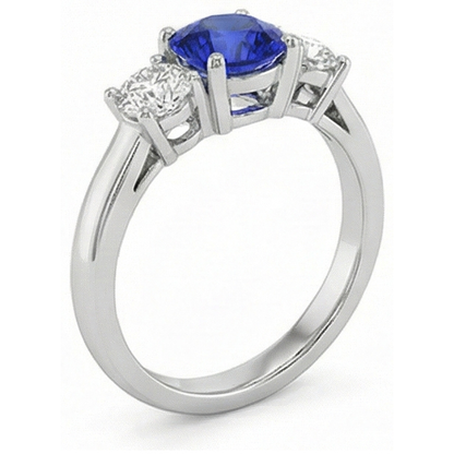 3 Stone Round Blue Sapphire Natural Earth Mined Diamond Ring 4 Carats Prong Set Gold 14K