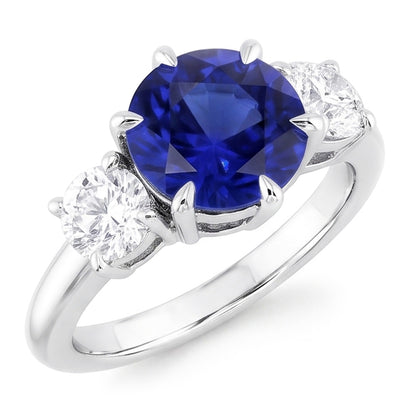 3 Stone Round Natural Earth Mined Diamonds Deep Blue Sapphire Ring Prong Set 3.50 Carats