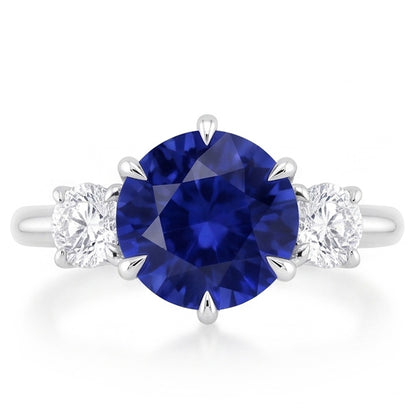 3 Stone Round Natural Earth Mined Diamonds Deep Blue Sapphire Ring Prong Set 3.50 Carats