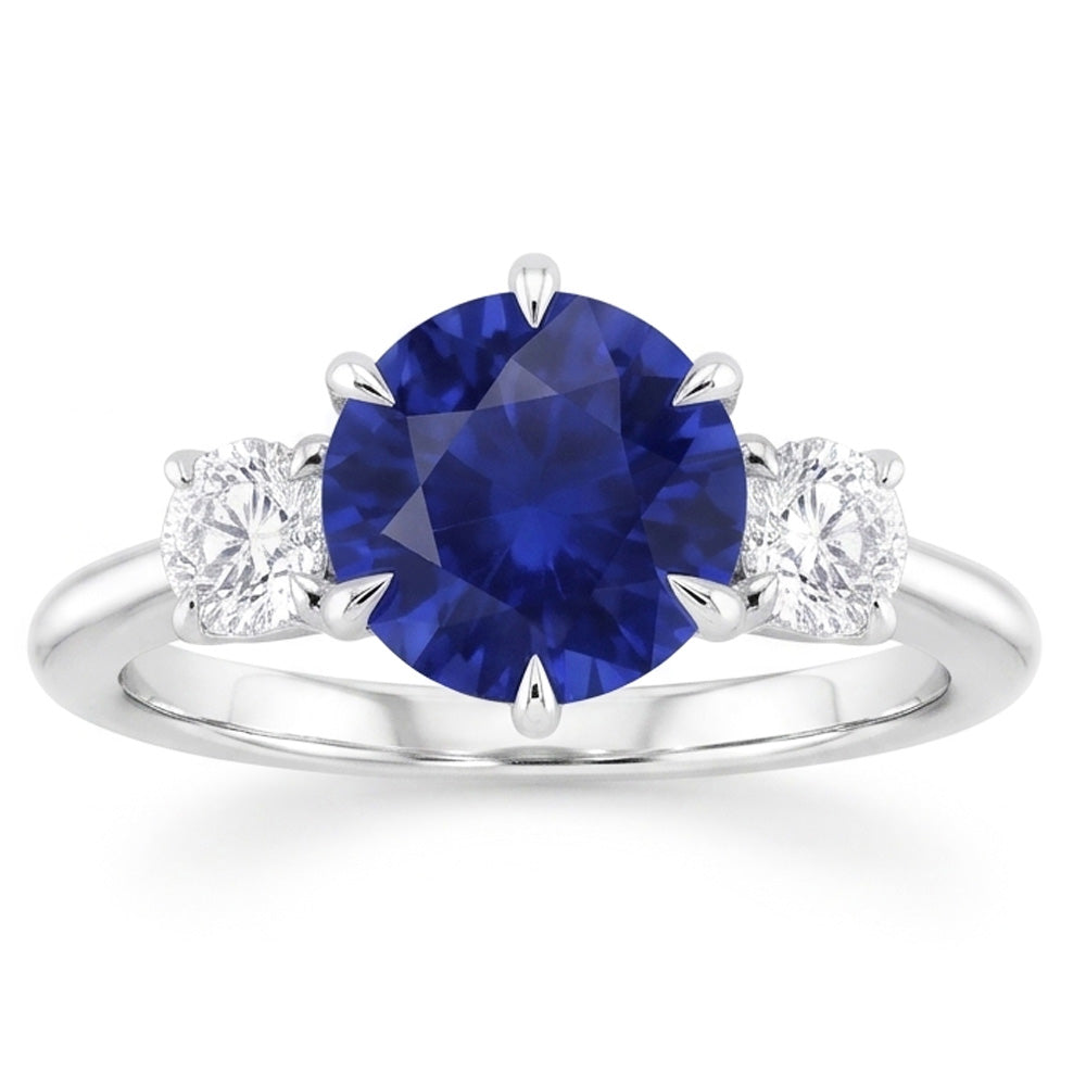 3 Stone Round Natural Earth Mined Diamonds Deep Blue Sapphire Ring Prong Set 3.50 Carats