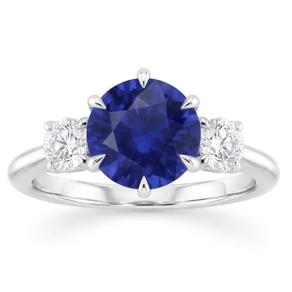 3 Stone Round Natural Earth Mined Diamonds Deep Blue Sapphire Ring Prong Set 3.50 Carats
