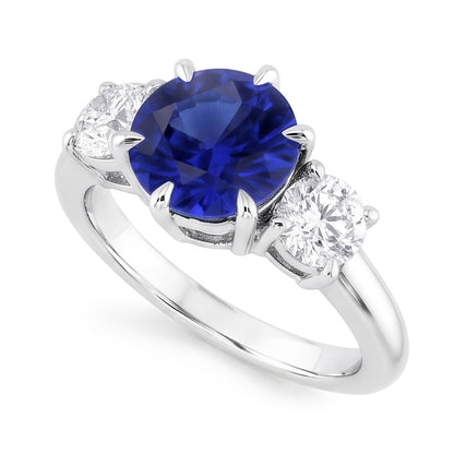 3 Stone Round Natural Earth Mined Diamonds Deep Blue Sapphire Ring Prong Set 3.50 Carats
