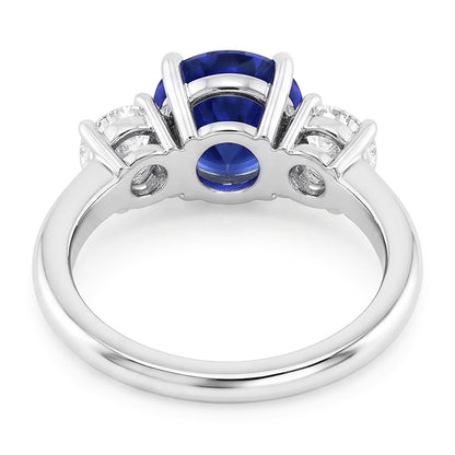 3 Stone Round Natural Earth Mined Diamonds Deep Blue Sapphire Ring Prong Set 3.50 Carats