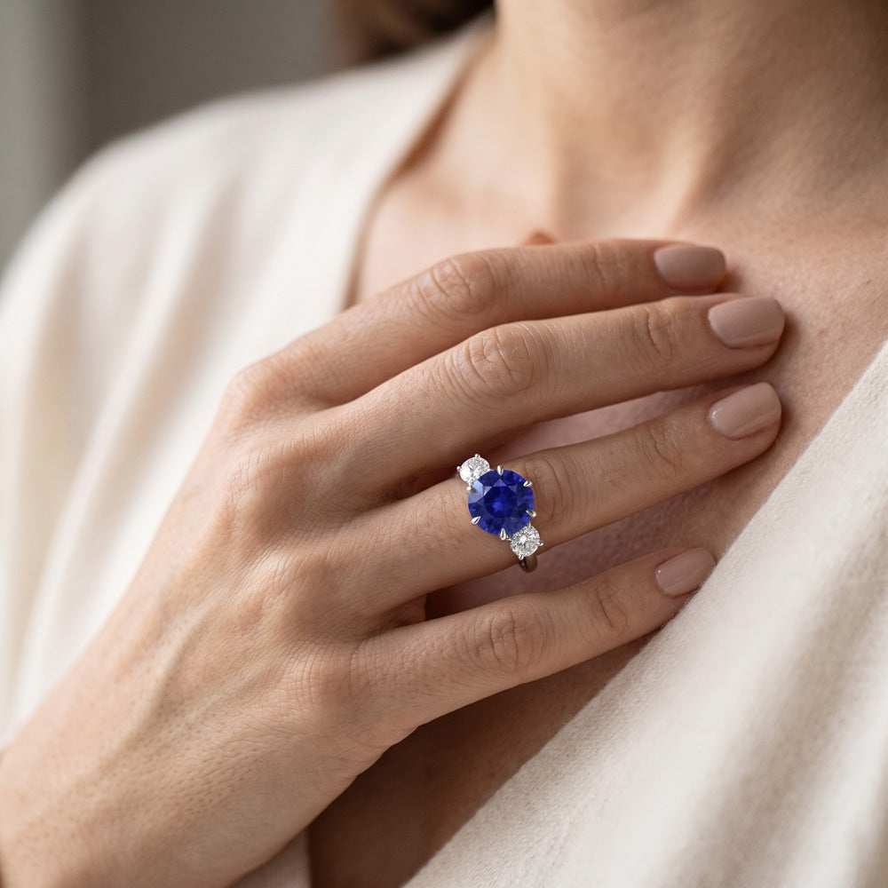 3 Stone Round Natural Earth Mined Diamonds Deep Blue Sapphire Ring Prong Set 3.50 Carats
