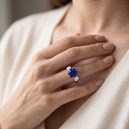 3 Stone Round Natural Earth Mined Diamonds Deep Blue Sapphire Ring Prong Set 3.50 Carats